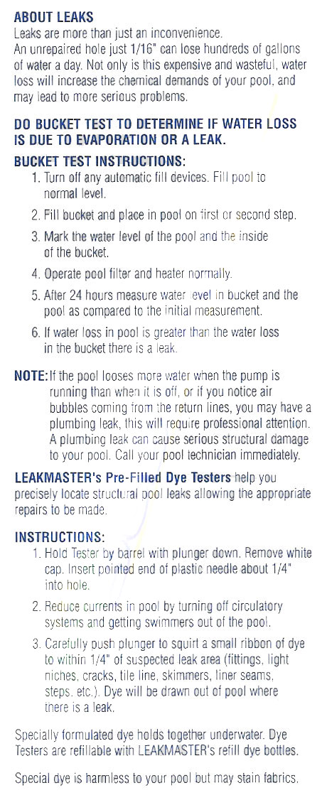 dye tester swimming pool leak